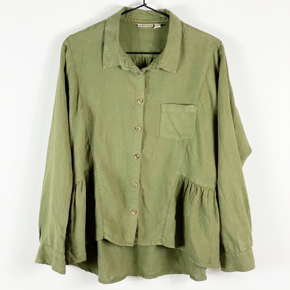 Anthropologie Holding Horses Olive Green Linen Button Top/Blouse 100% Linen Sz S